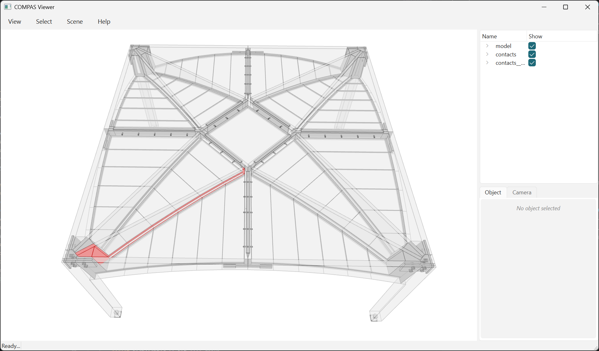 One element's joints highlighted in red across the ghosted building